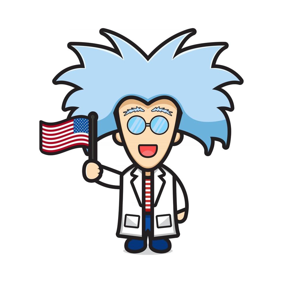 schattige wetenschapper met vlag viert amerika onafhankelijkheidsdag cartoon pictogram vectorillustratie vector