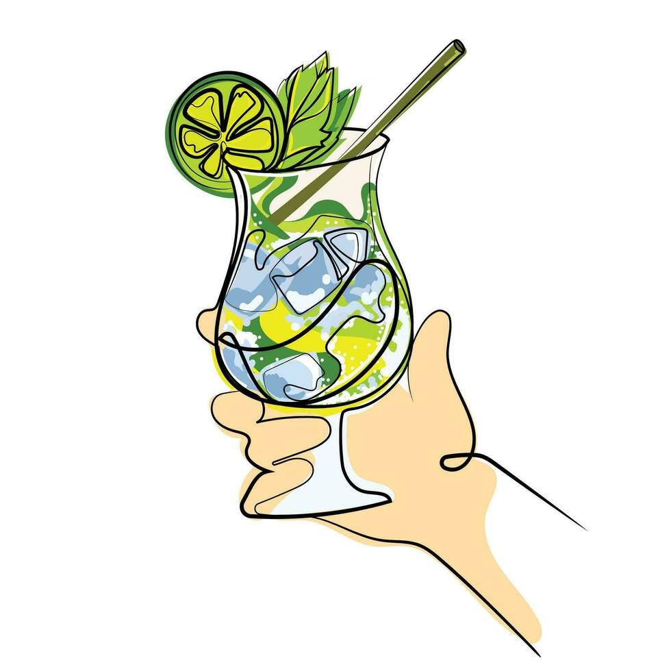 hand- proost met mojito cocktail verfrissend drinken vector geïsoleerd illustratie.hand met cocktail schetsen tekening