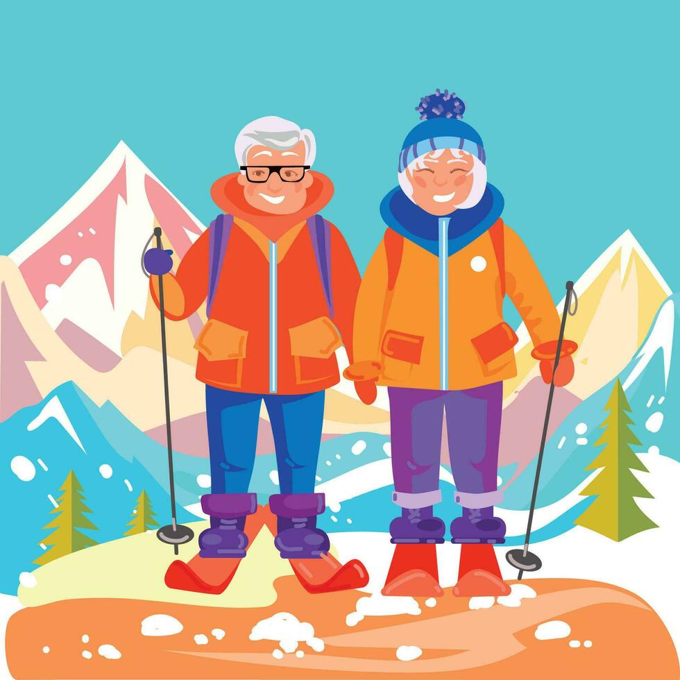 actief volwassen paar skiën en op reis Bij een winter toevlucht. vector vlak illustratie met bergen landschap. ouderen Mens en vrouw genieten van fysiek werkzaamheid buitenshuis in winter.