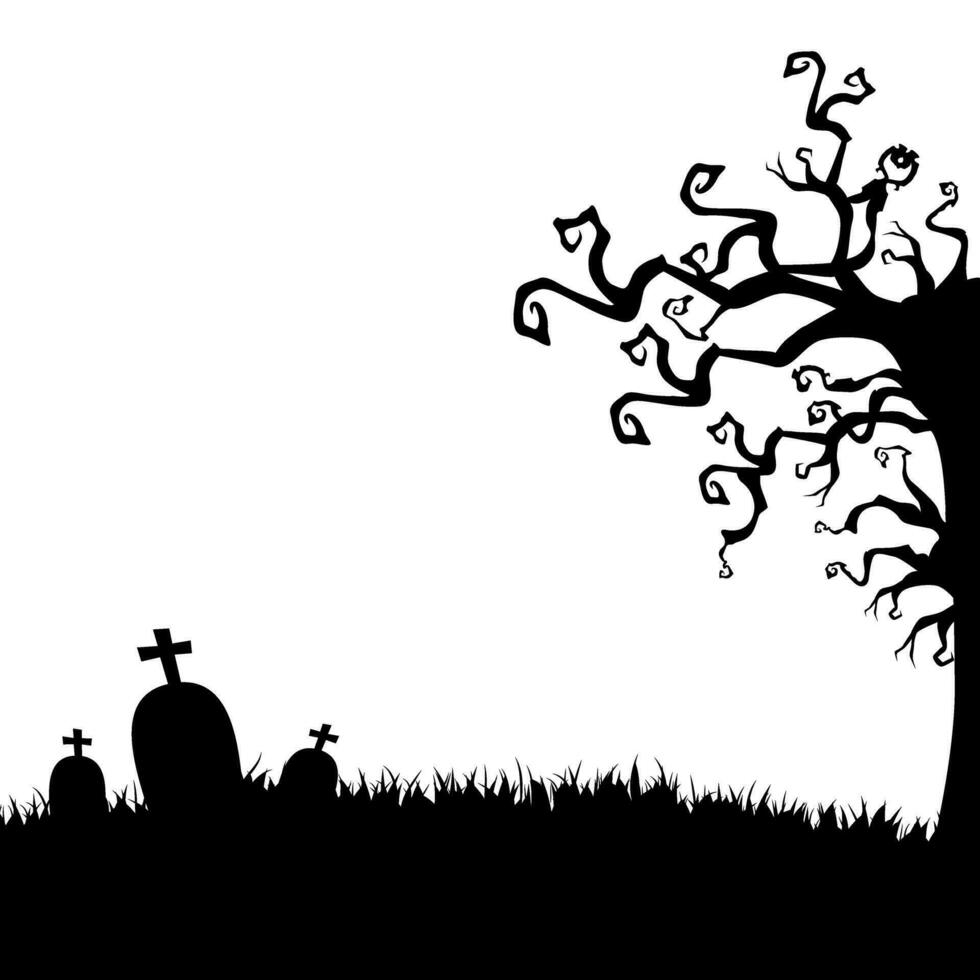 halloween illustratie met silhouetten van bomen, grafstenen, gras vector