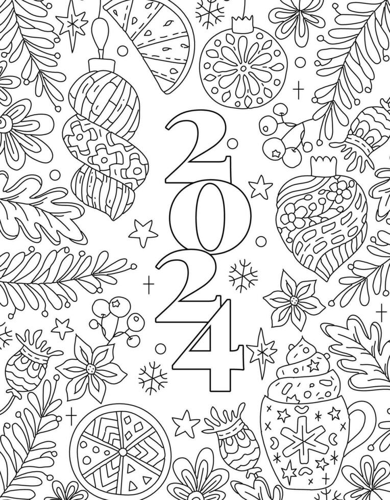 hand- tekening kleur bladzijde voor kinderen en volwassenen. vakantie groet kaart gelukkig nieuw jaar 2024. mooi tekening met patronen en klein details. kinderen kleuren boek afbeeldingen. vector