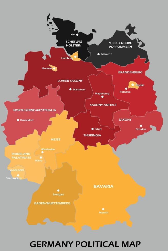 De politieke kaart van duitsland verdeelt door de staat kleurrijke eenvoudsstijl. vector