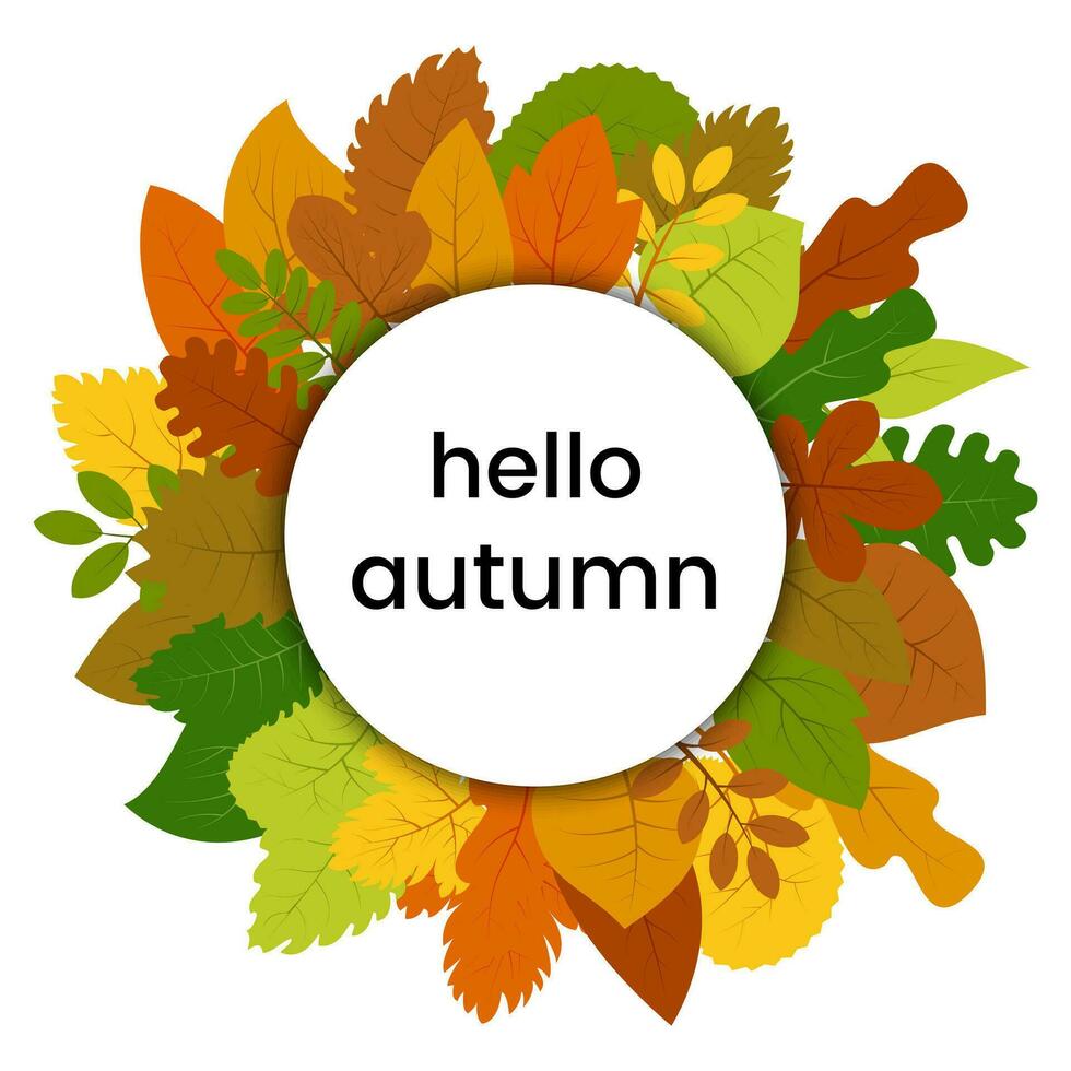 herfst bladeren in cirkel met opschrift Hallo herfst. vector illustratie.