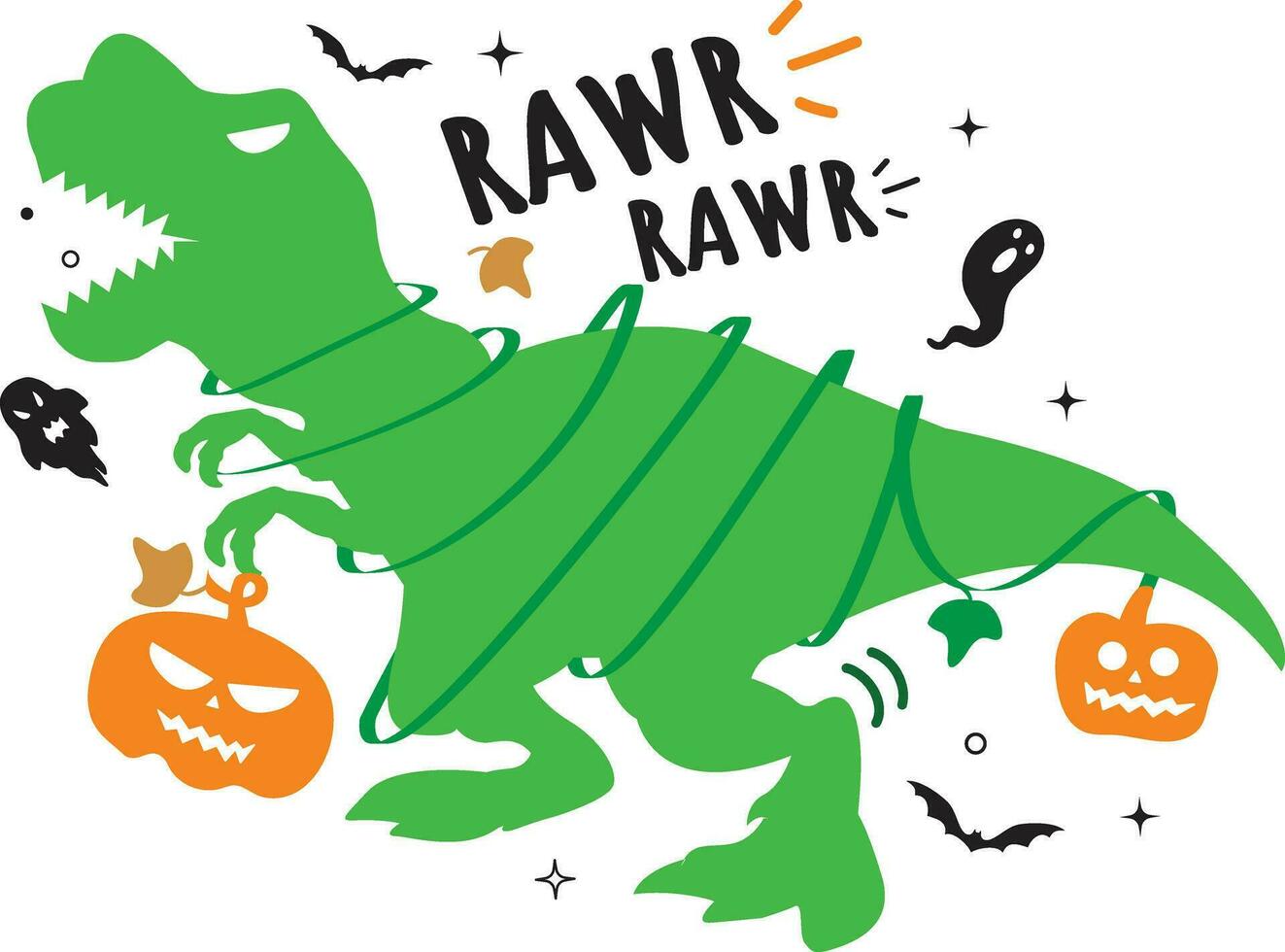 schattig groen dinosaurus t rex Holding een pompoen en brullen voor halloween feest. omringd door wijnstokken, vleermuizen, en sterren. vector illustrator.