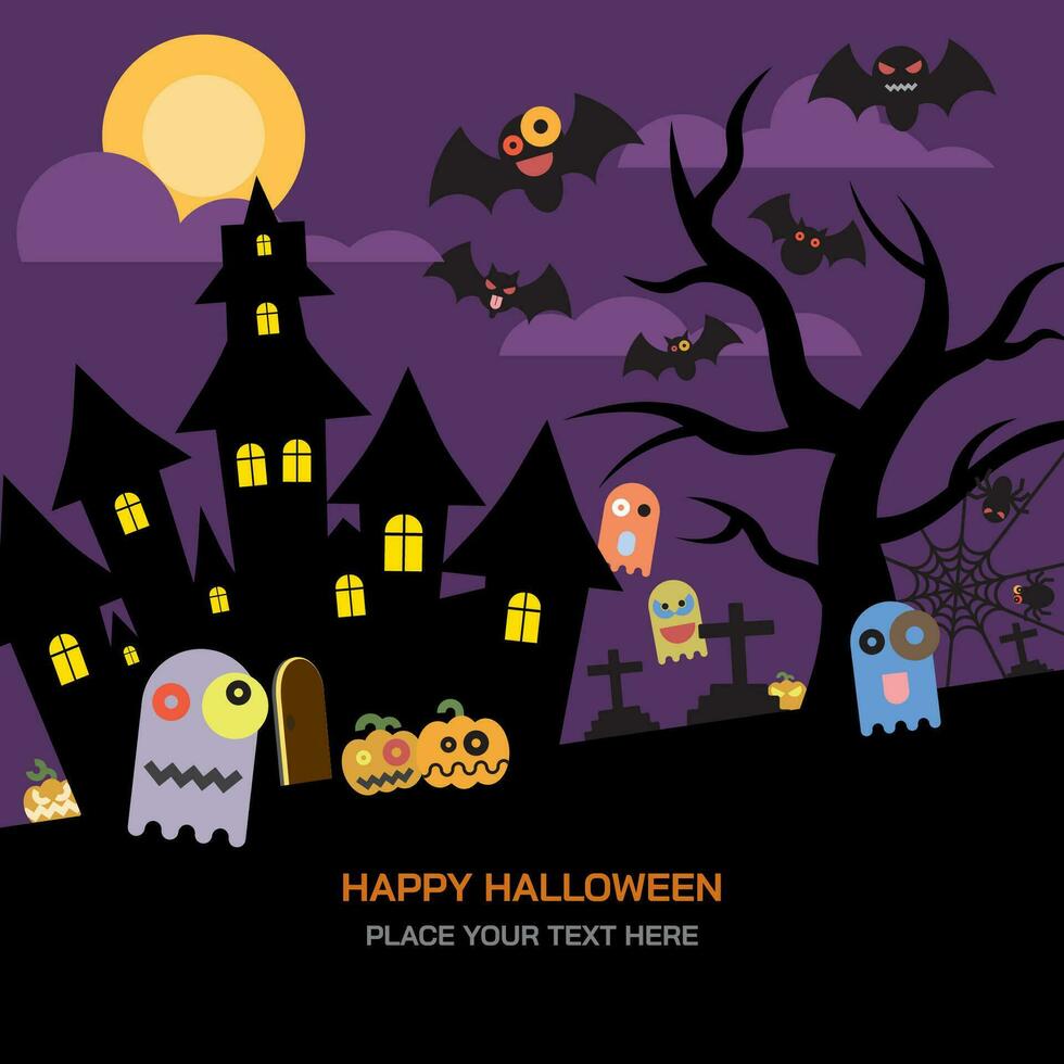 halloween nacht achtergrond met vleermuizen, pompoen, achtervolgd huis en vol maan vector illustratie. folder of uitnodiging sjabloon voor halloween partij met blanco ruimte.