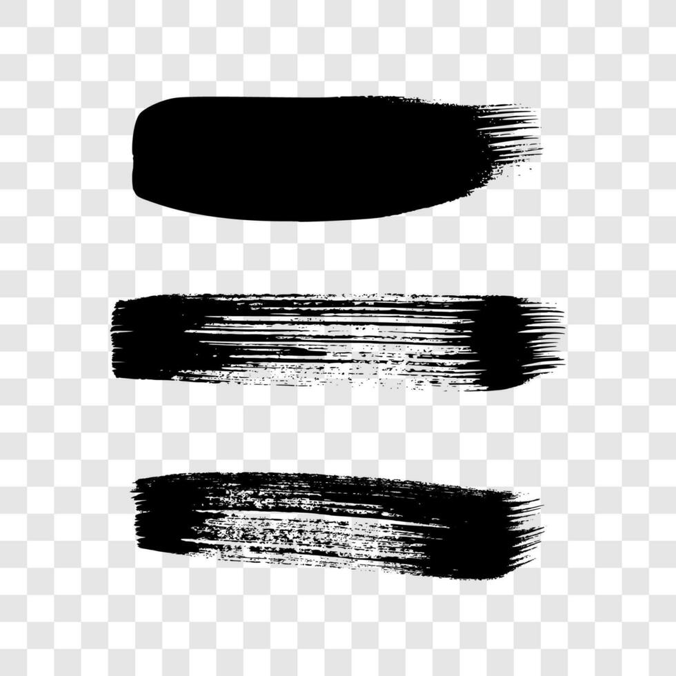 zwart grunge borstel slagen. reeks van drie geschilderd inkt strepen. inkt plek geïsoleerd Aan achtergrond. vector illustratie