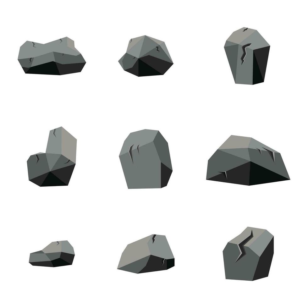 rots reeks illustratie met gebarsten, tekenfilm stijl. stenen rotsen materiaal, isometrische 3d vlak stijl. verzameling van graniet, kei, keien vector illustratie