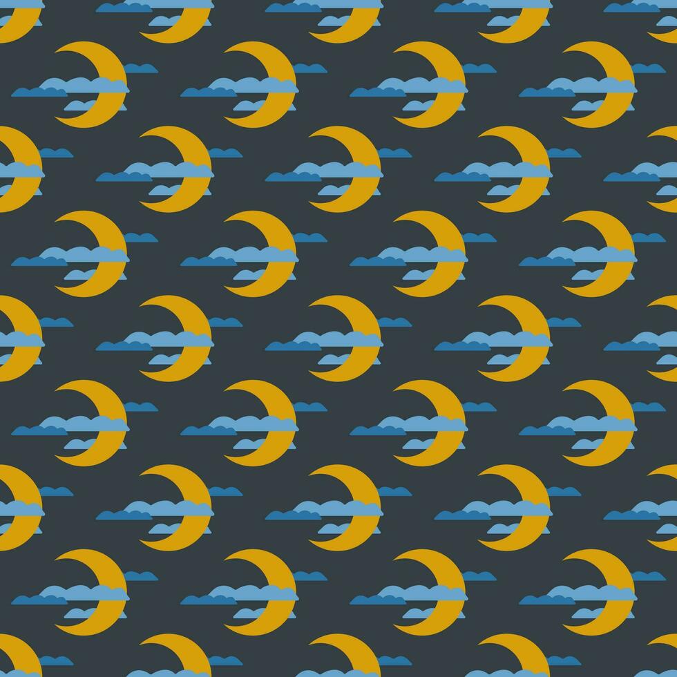 naadloos meetkundig patroon met gouden maan en wolken Aan donker blauw achtergrond. vector afdrukken voor kleding stof achtergrond, textiel