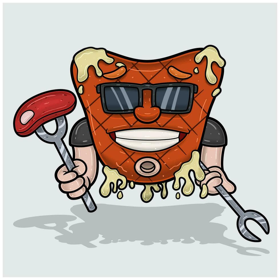 mascotte tekenfilm van vlees steak met Holding vlees en vorken. voor voedsel, vlees, barbecue en rundvlees logo. vector