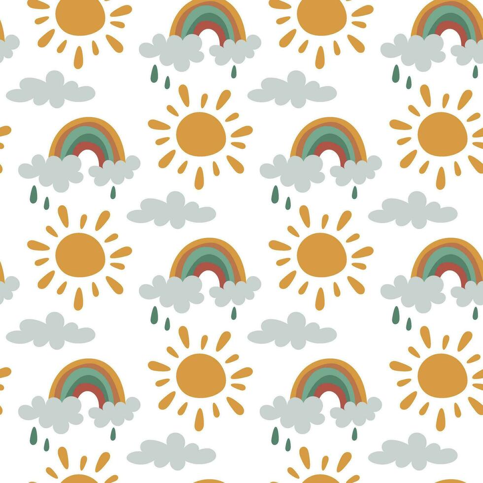 een patroon van wolken, zon, regenboog, regen Aan een wit achtergrond. regenboog naadloos patroon, tekenfilm vector illustratie. kinderen structuur voor het drukken Aan kleding stof en papier. geschenk verpakking