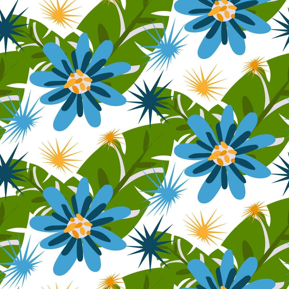 een patroon van Passiebloem en tropisch bladeren Aan een wit achtergrond. botanisch achtergrond met blauw bloemen en groen tropisch bladeren. exotisch vector textuur. het drukken Aan textiel, papier