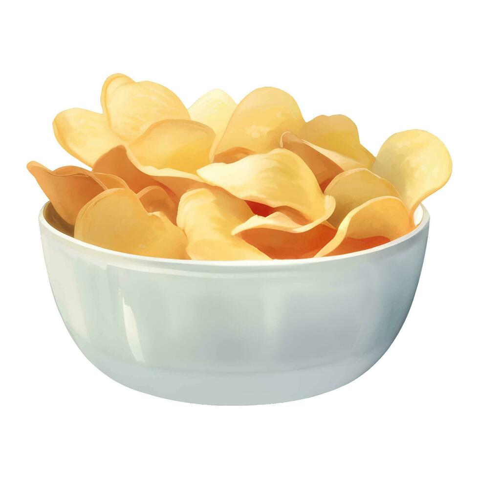 aardappel chips in een wit kom gedetailleerd hand- getrokken schilderij illustratie vector