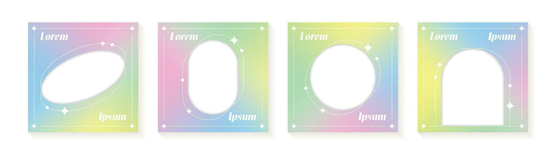 schattig modern modieus esthetisch minimalistische stijl ronde ovaal boog vorm het formulier voering fonkeling. holografische helling vloeistof regenboog pastel. sociaal media post banier sjabloon borders kaders achtergrond vector. vector