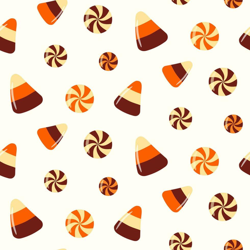 naadloos patroon van halloween truc of traktatie snoepjes Aan geïsoleerd achtergrond. achtergrond in traditioneel kleuren voor halloween viering, textiel, muur papieren, omhulsel papier, scrapbooken. vector