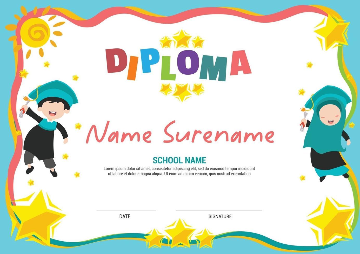 multifunctionele schooldiploma certificaatsjabloon kinderen awards met gelukkige kinderen moslim springen met sterren schijnen vector