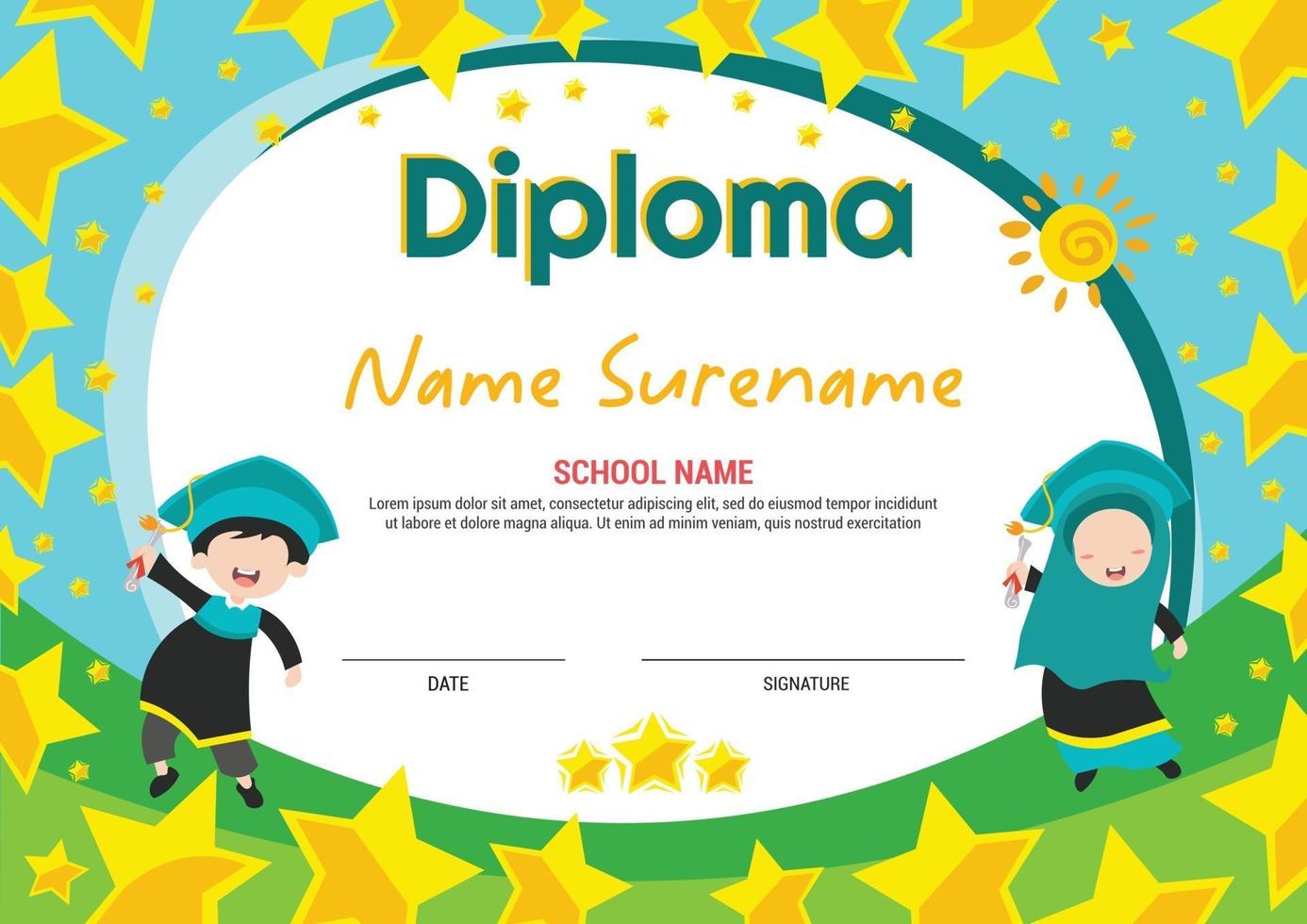 multifunctionele schooldiploma certificaatsjabloon kinderen awards met sterren en kinderen moslim springen vector