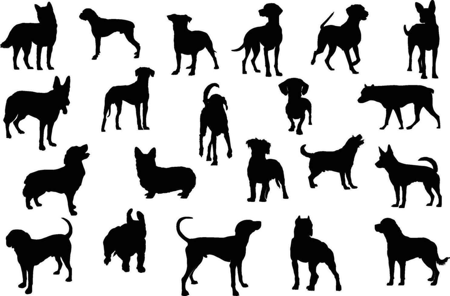 hond silhouet bundel, hond silhouet vector vrij downloaden, veel hond rassen in silhouetten