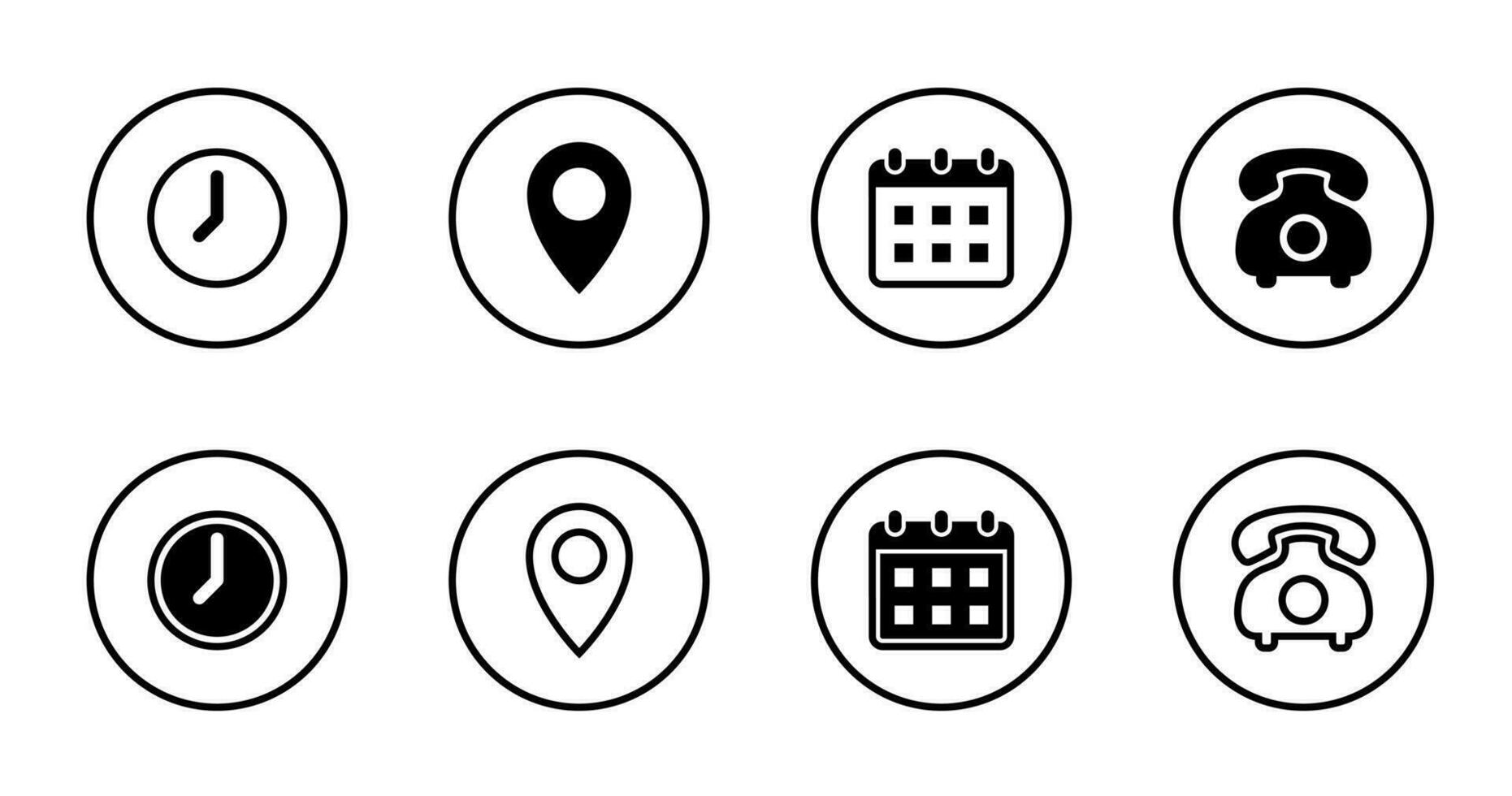 tijd, adres, datum, en contact ons icoon vector in cirkel lijn. klok, adres, kalender, en telefoon teken symbool