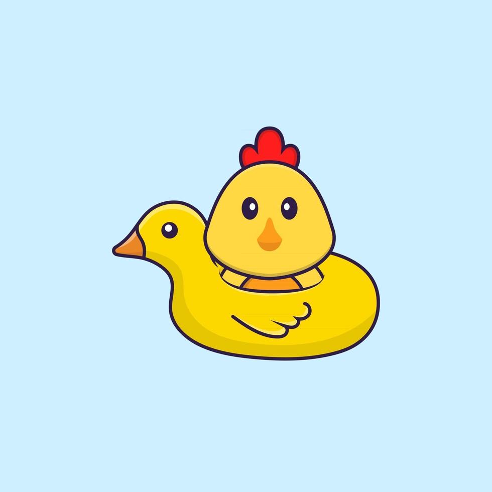 schattige kip met eend boei. dierlijk beeldverhaalconcept geïsoleerd. kan worden gebruikt voor t-shirt, wenskaart, uitnodigingskaart of mascotte. platte cartoonstijl vector