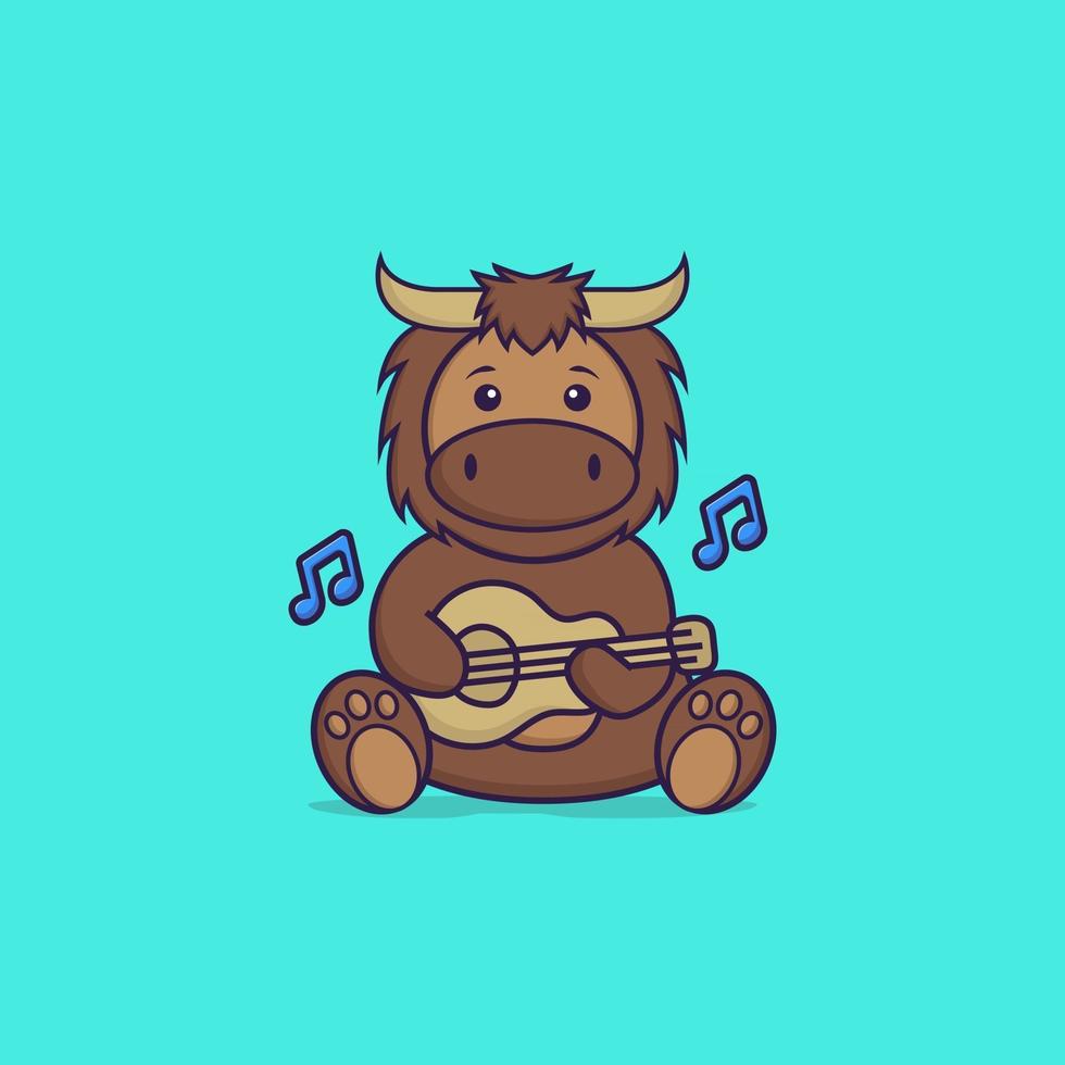 schattige stier die gitaar speelt. dierlijk beeldverhaalconcept geïsoleerd. kan worden gebruikt voor t-shirt, wenskaart, uitnodigingskaart of mascotte. platte cartoonstijl vector