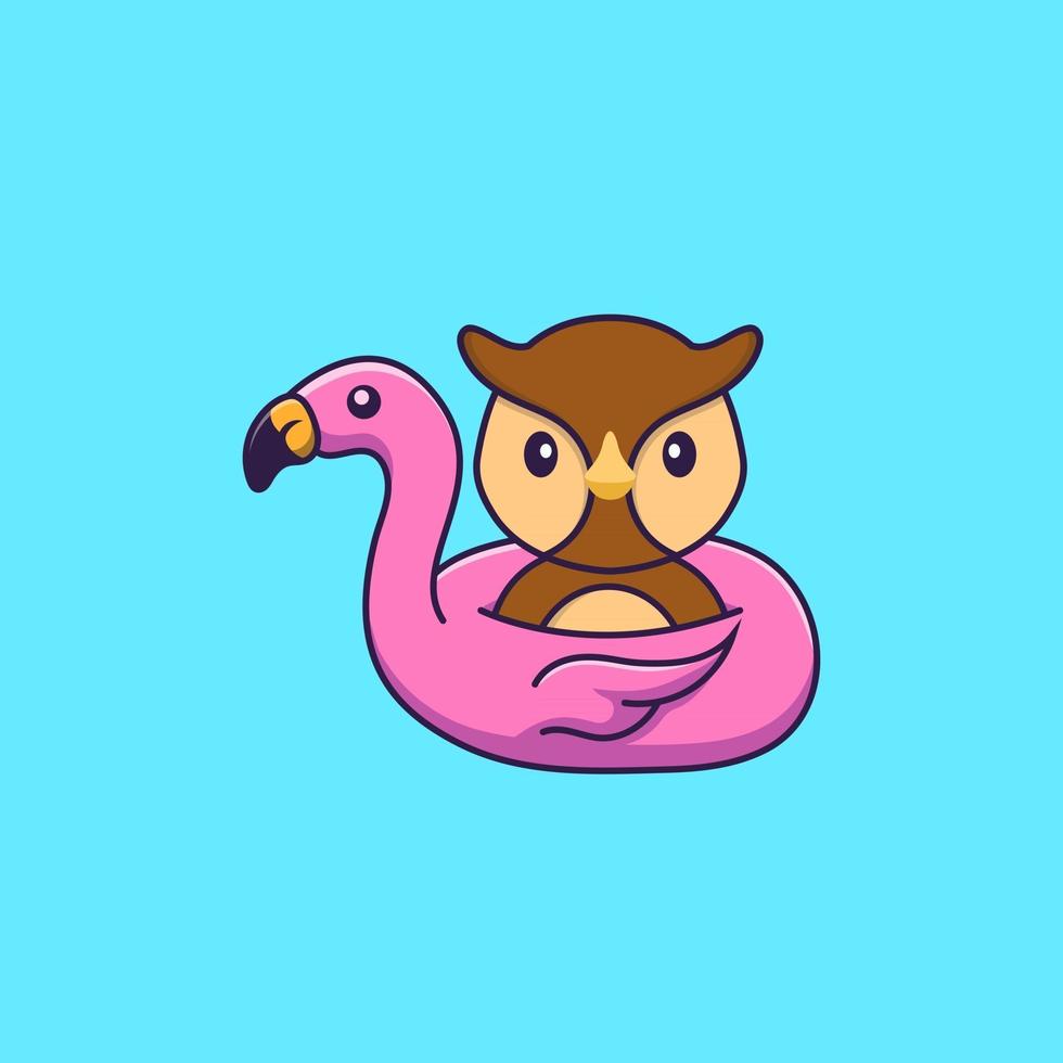 leuke uil met flamingoboei. dierlijk beeldverhaalconcept geïsoleerd. kan worden gebruikt voor t-shirt, wenskaart, uitnodigingskaart of mascotte. platte cartoonstijl vector