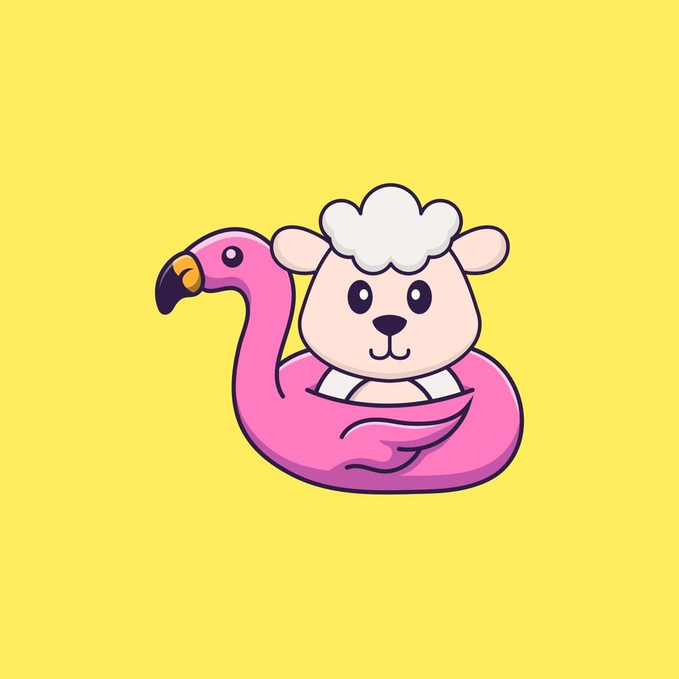 schattig schaap met flamingo boei. dierlijk beeldverhaalconcept geïsoleerd. kan worden gebruikt voor t-shirt, wenskaart, uitnodigingskaart of mascotte. platte cartoonstijl vector