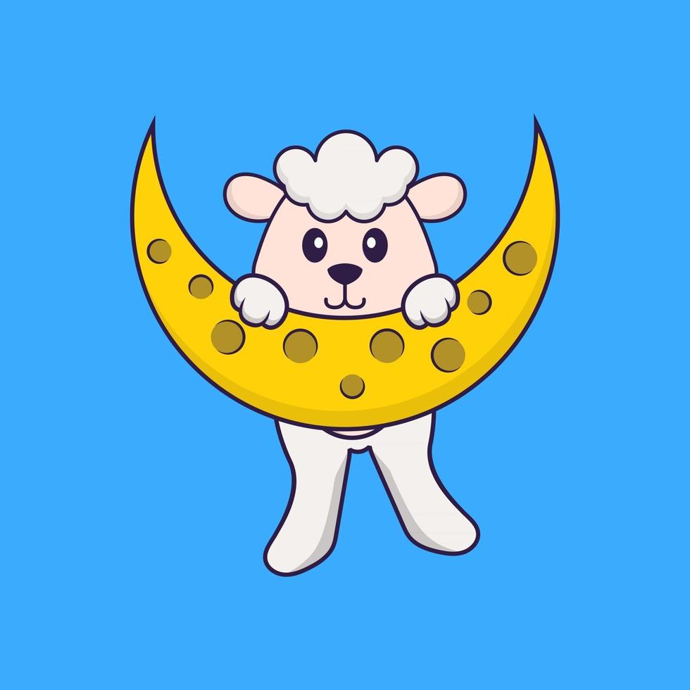 schattig schaap is op de maan. dierlijk beeldverhaalconcept geïsoleerd. kan worden gebruikt voor t-shirt, wenskaart, uitnodigingskaart of mascotte. platte cartoonstijl vector