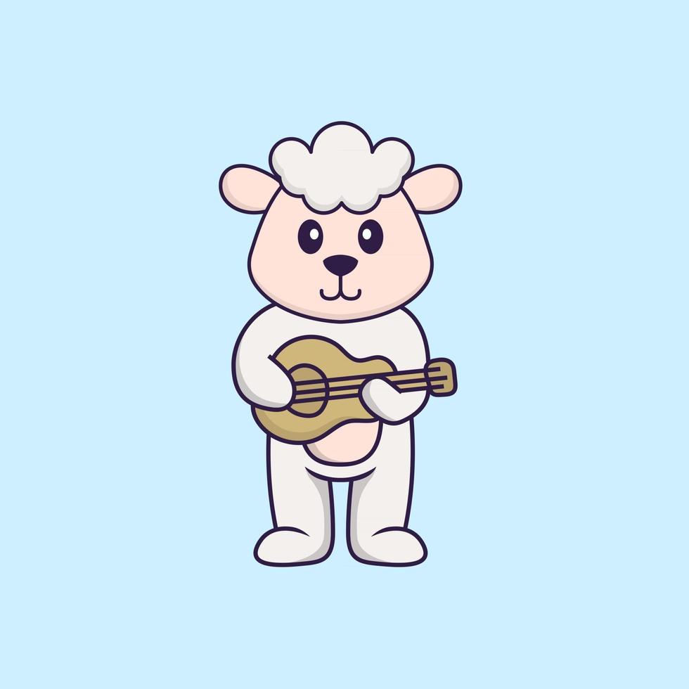 schattige schapen gitaar spelen. dierlijk beeldverhaalconcept geïsoleerd. kan worden gebruikt voor t-shirt, wenskaart, uitnodigingskaart of mascotte. platte cartoonstijl vector