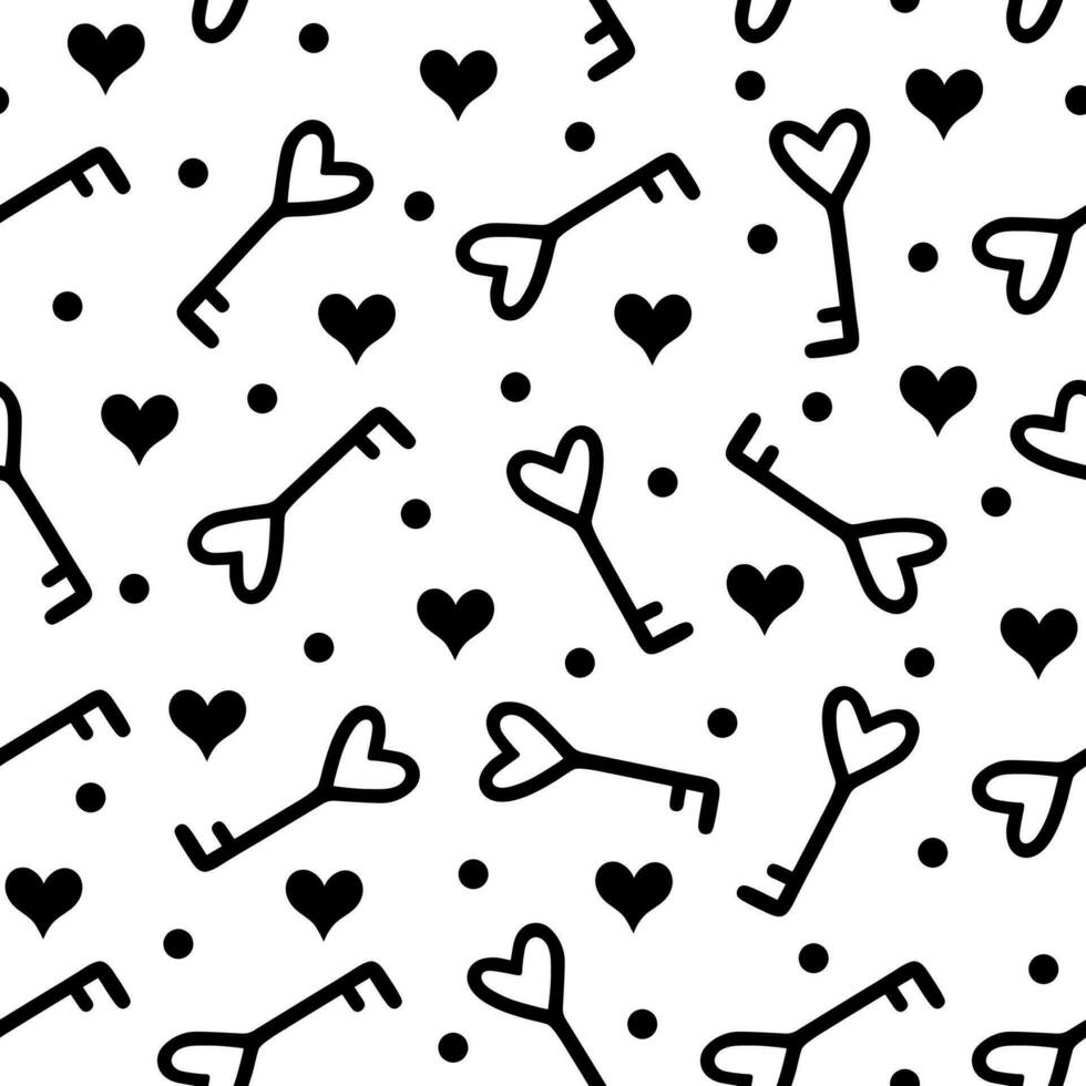 mooi wijnoogst sleutel met harten en polka dots naadloos vector patroon. symbool van liefde, romantiek, bruiloft. gemakkelijk silhouet, tekening. zwart en wit vakantie achtergrond voor behang, verpakking, web