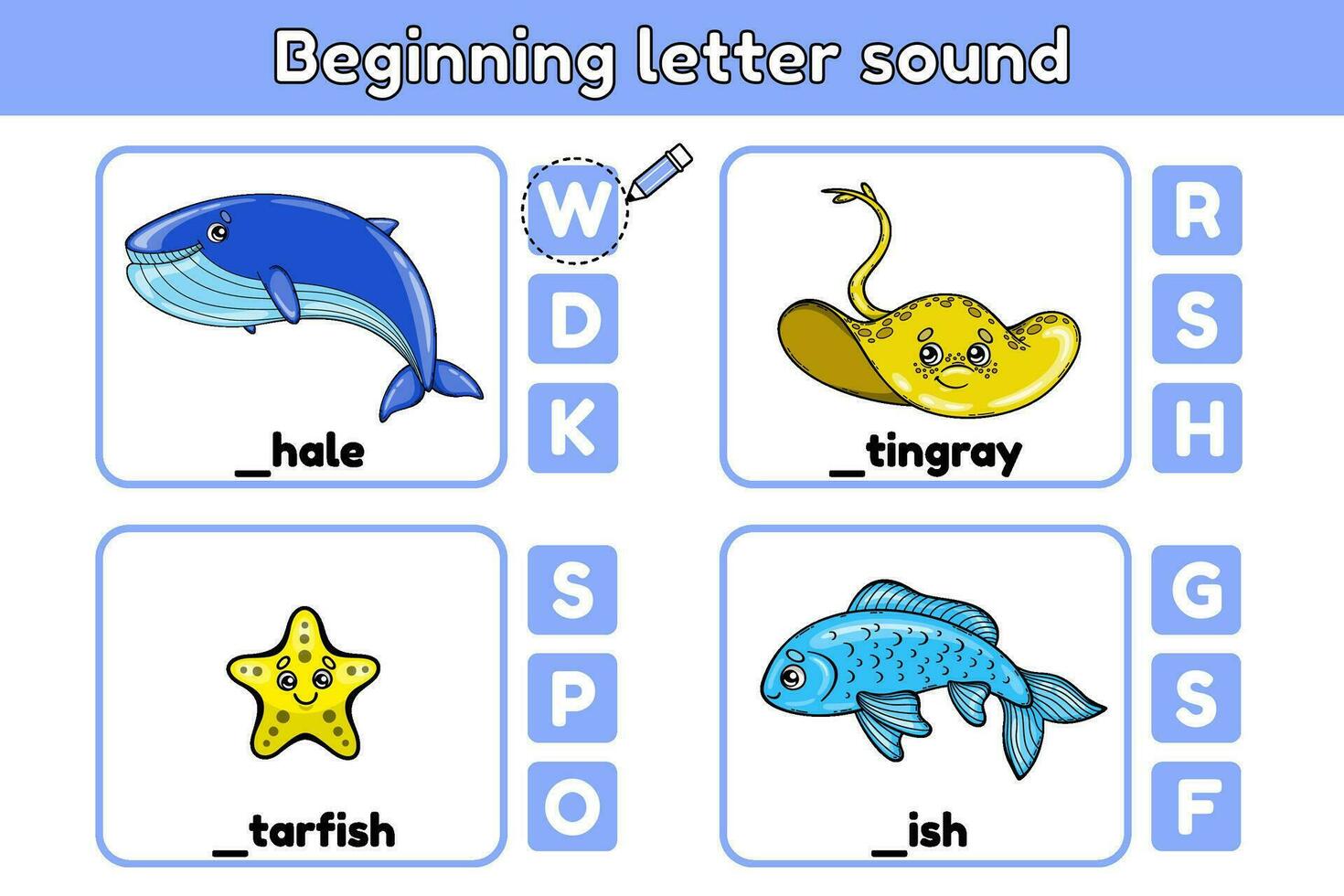 leerzaam kinderen spel voor aan het leren Engels spelling woorden met zee dieren. schrijven naar beneden missend begin brief geluid. werkblad voor onderwijs kinderen. tekenfilm pijlstaartrog, walvis, zeester, vis. vector