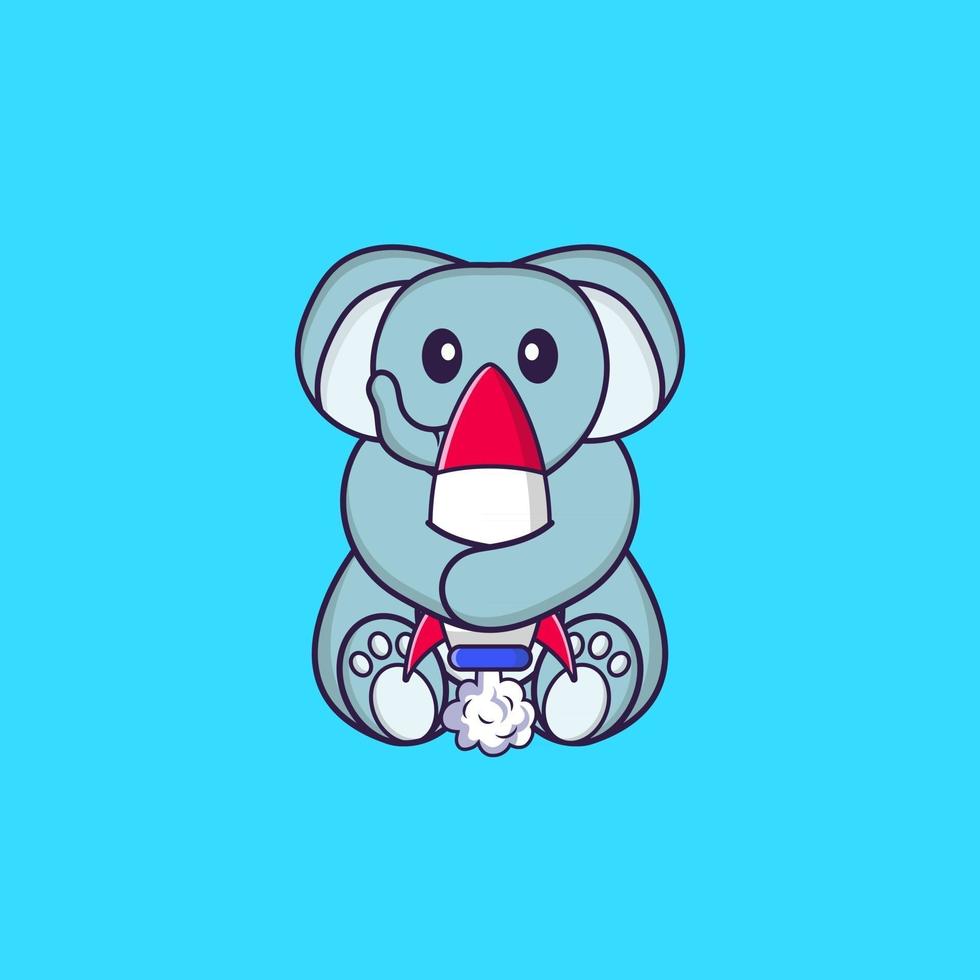 schattige olifant met een raket. dierlijk beeldverhaalconcept geïsoleerd. kan worden gebruikt voor t-shirt, wenskaart, uitnodigingskaart of mascotte. platte cartoonstijl vector