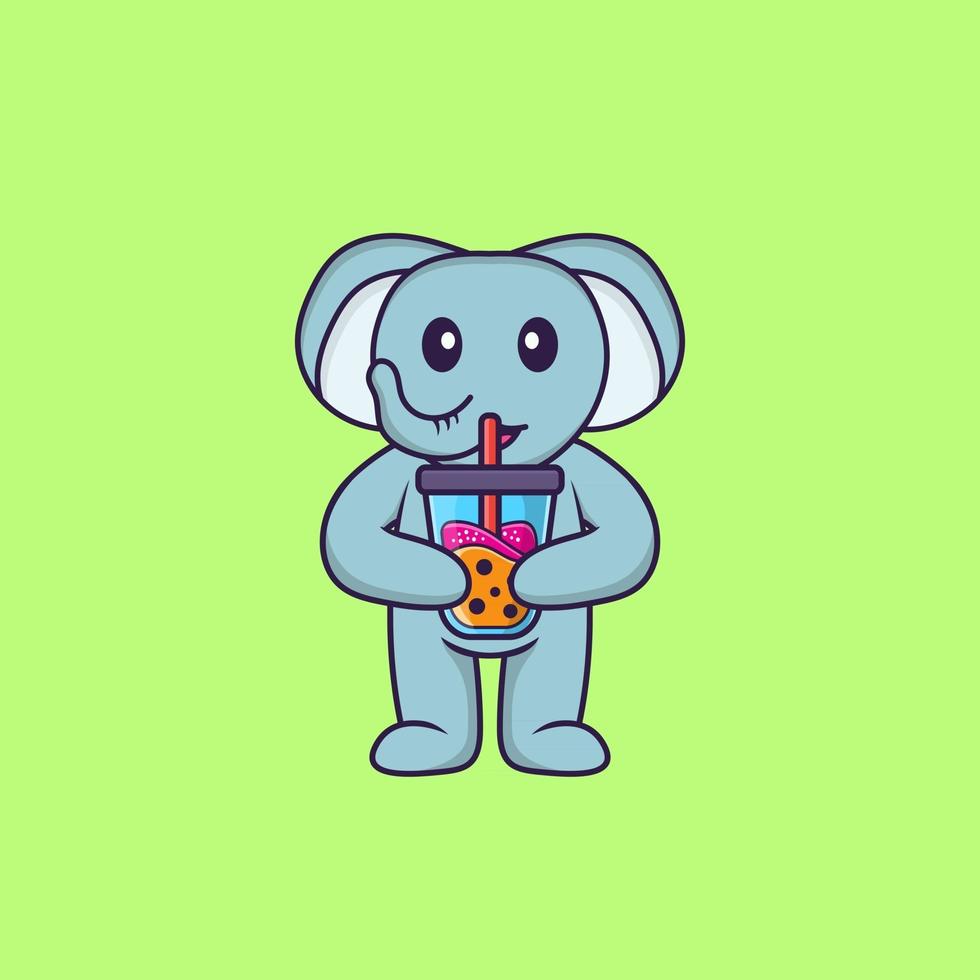 schattige olifant die boba-melkthee drinkt. dierlijk beeldverhaalconcept geïsoleerd. kan worden gebruikt voor t-shirt, wenskaart, uitnodigingskaart of mascotte. platte cartoonstijl vector