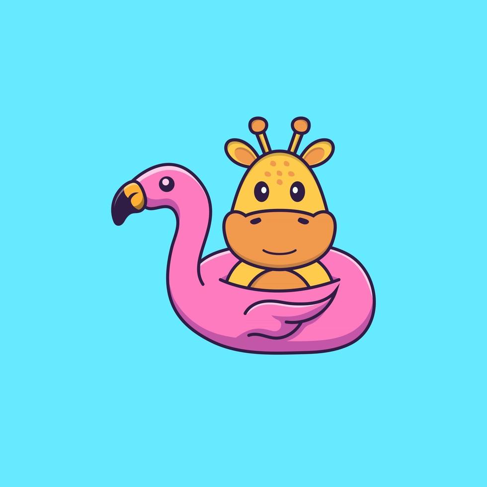 schattige giraf met flamingoboei. dierlijk beeldverhaalconcept geïsoleerd. kan worden gebruikt voor t-shirt, wenskaart, uitnodigingskaart of mascotte. platte cartoonstijl vector