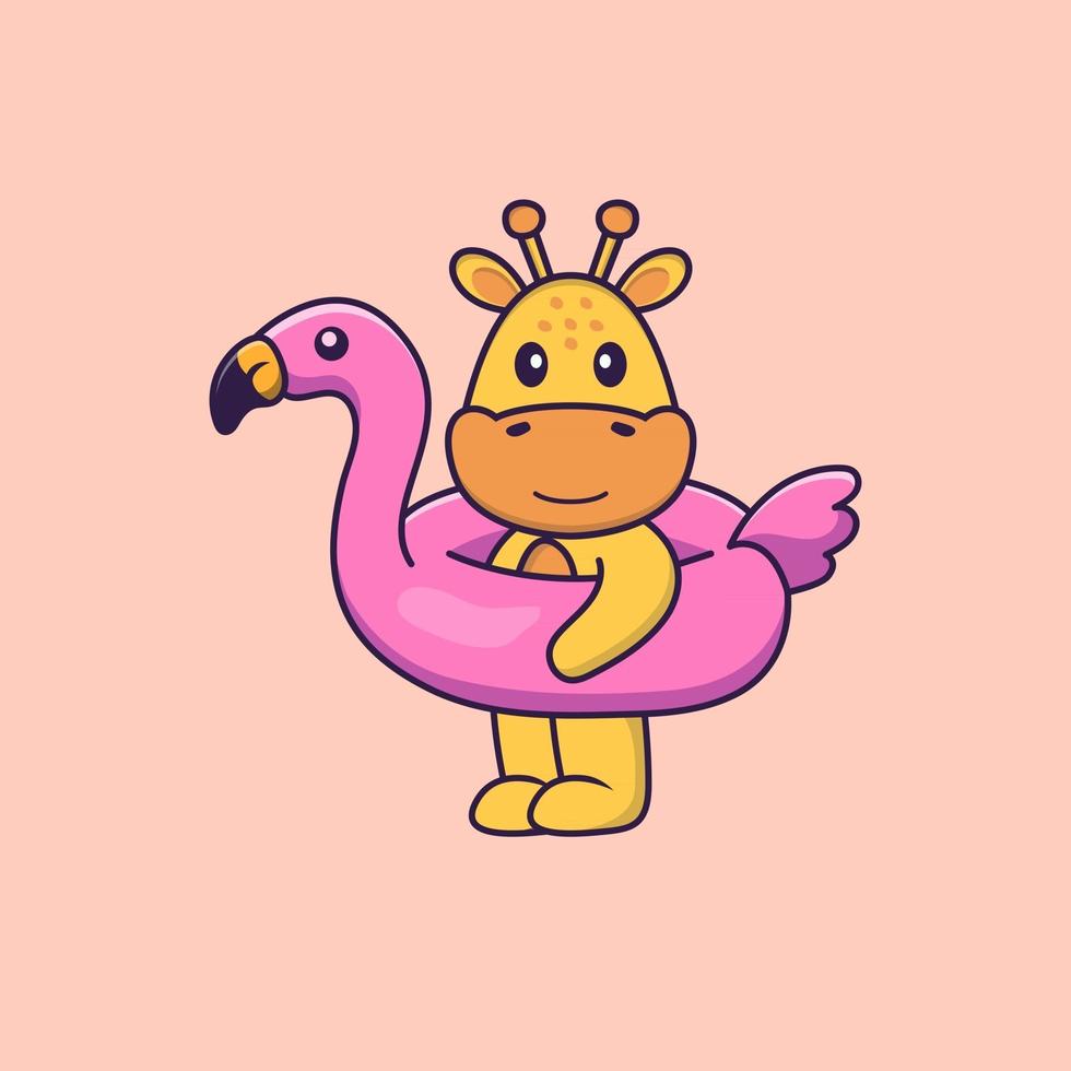 schattige giraf met flamingoboei. dierlijk beeldverhaalconcept geïsoleerd. kan worden gebruikt voor t-shirt, wenskaart, uitnodigingskaart of mascotte. platte cartoonstijl vector