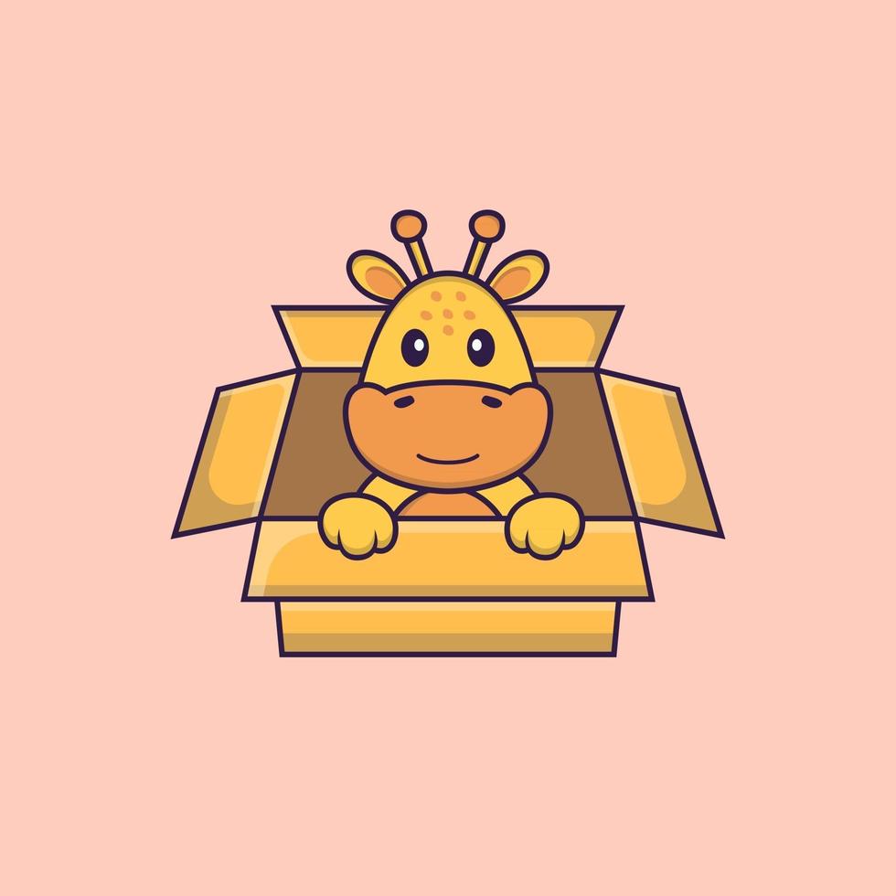 schattige giraf spelen in doos. dierlijk beeldverhaalconcept geïsoleerd. kan worden gebruikt voor t-shirt, wenskaart, uitnodigingskaart of mascotte. platte cartoonstijl vector