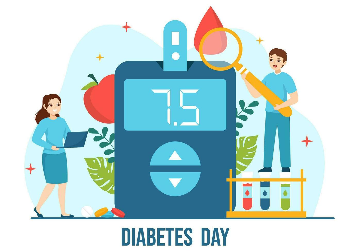 wereld diabetes dag vector illustratie Aan 14 november met artsen testen bloed voor glucose en meten suiker in vlak tekenfilm achtergrond ontwerp