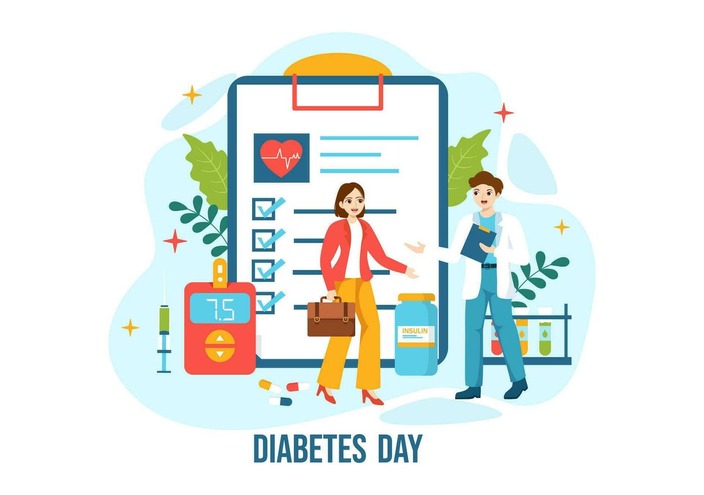 wereld diabetes dag vector illustratie Aan 14 november met artsen testen bloed voor glucose en meten suiker in vlak tekenfilm achtergrond ontwerp