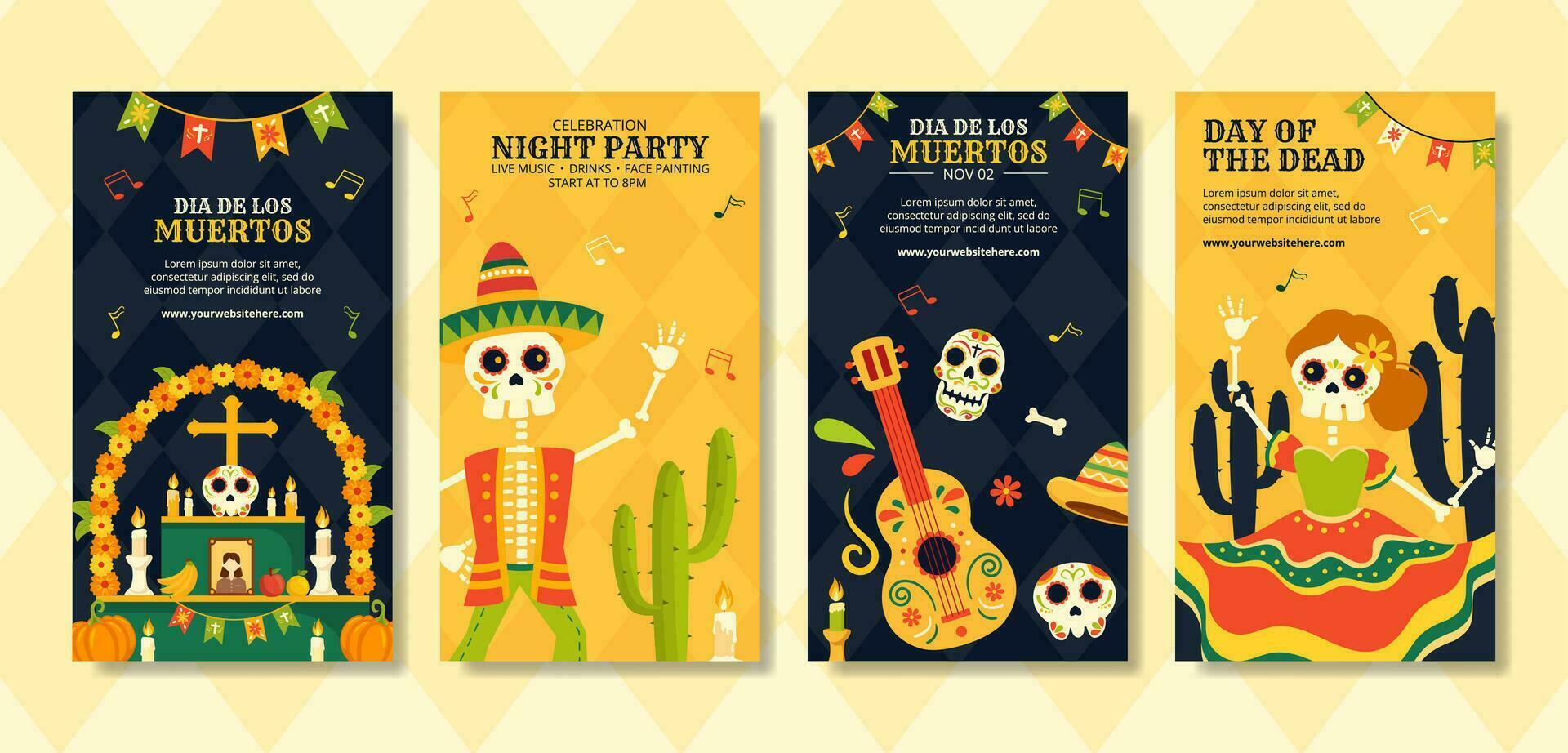 dia de los Muertos sociaal media verhalen illustratie vlak tekenfilm hand- getrokken Sjablonen achtergrond vector