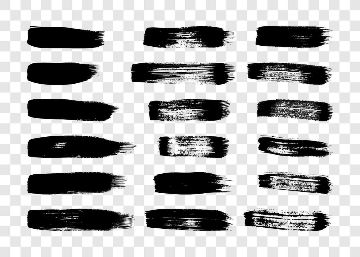 zwart grunge borstel slagen. reeks van achttien geschilderd inkt strepen. inkt plek geïsoleerd Aan achtergrond. vector illustratie