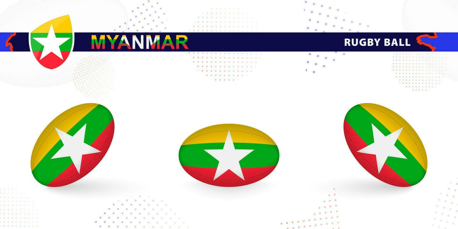 rugby bal reeks met de vlag van Myanmar in divers hoeken Aan abstract achtergrond. vector