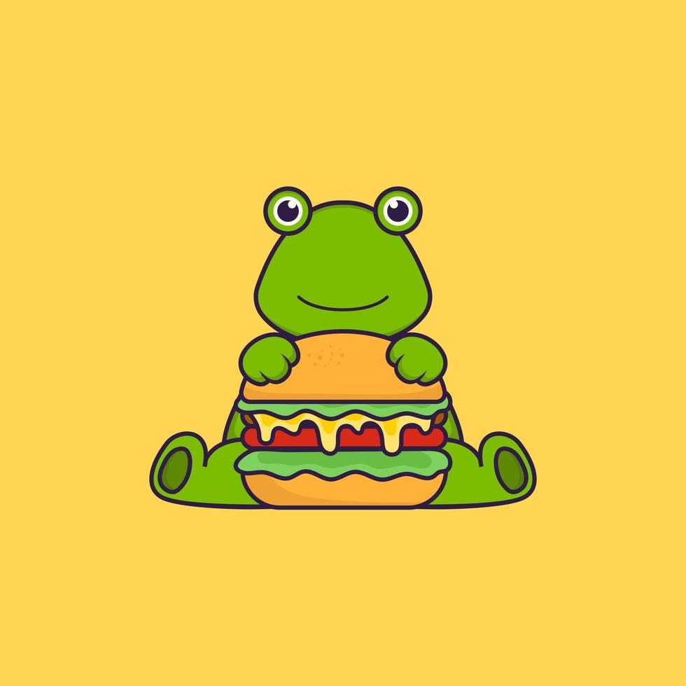 schattige kikker die hamburger eet. dierlijk beeldverhaalconcept geïsoleerd. kan worden gebruikt voor t-shirt, wenskaart, uitnodigingskaart of mascotte. platte cartoonstijl vector