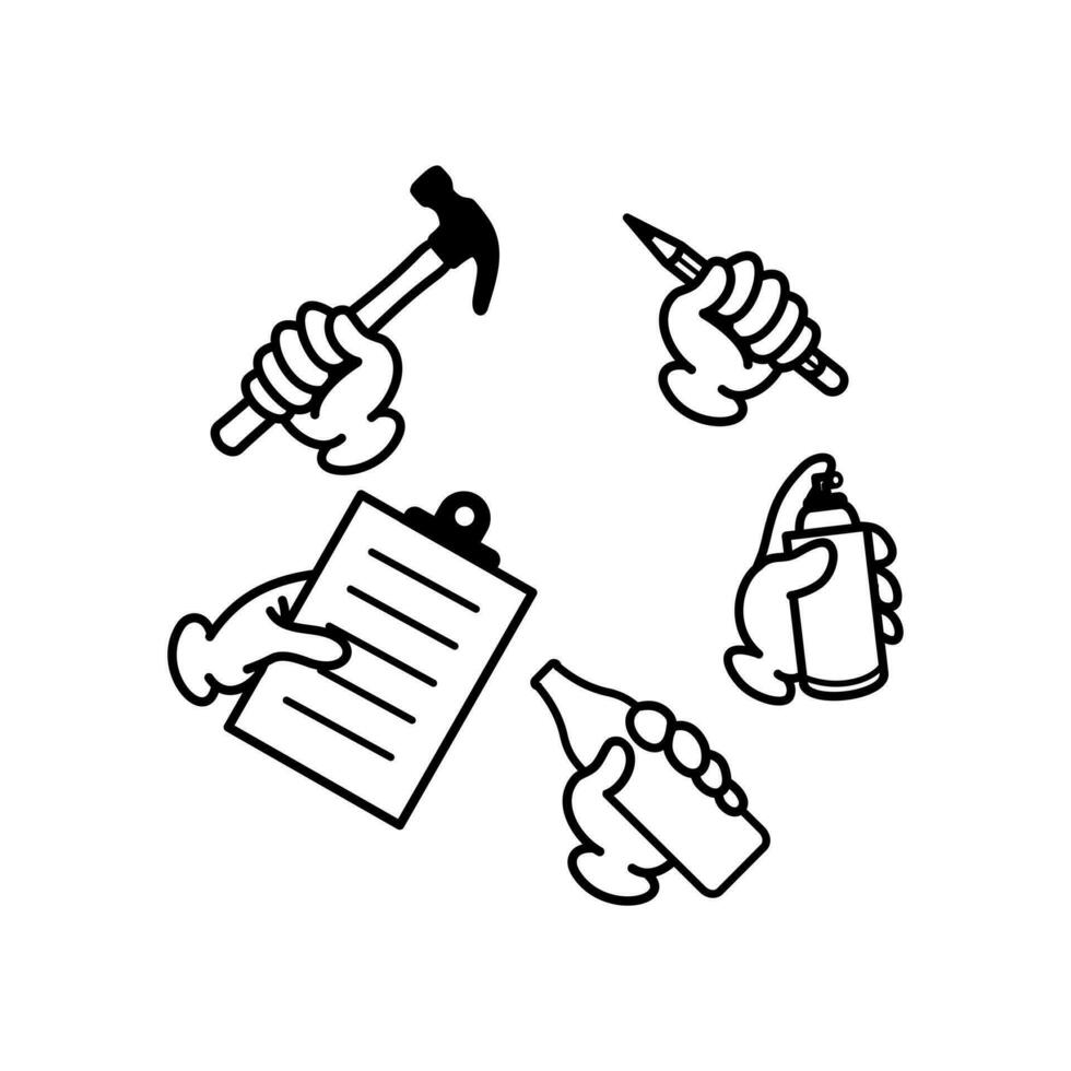 hand- pictogrammen met gereedschap en andere voorwerp. hand- houden apparaat en reeks van teken hand- met object, ontwerp element voor logo, poster, kaart, banier, embleem, t shirt. vector illustratie