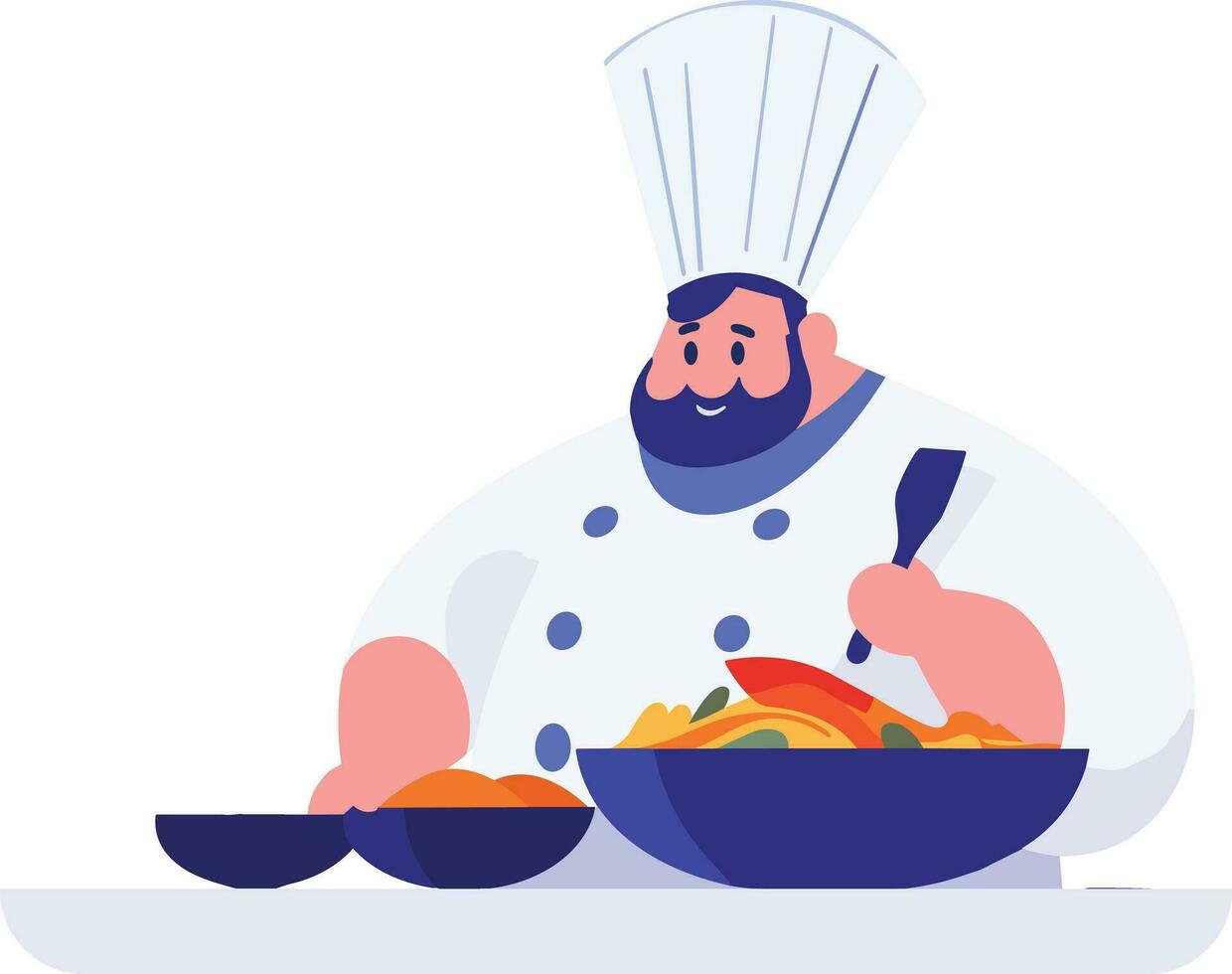 hand- getrokken te zwaar chef Koken in de keuken in vlak stijl vector
