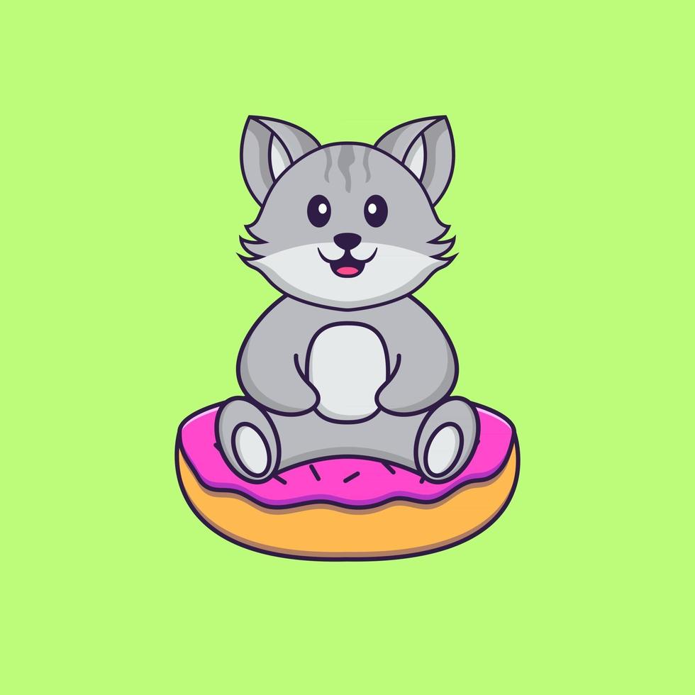 schattige kat zit op donuts. dierlijk beeldverhaalconcept geïsoleerd. kan worden gebruikt voor t-shirt, wenskaart, uitnodigingskaart of mascotte. platte cartoonstijl vector