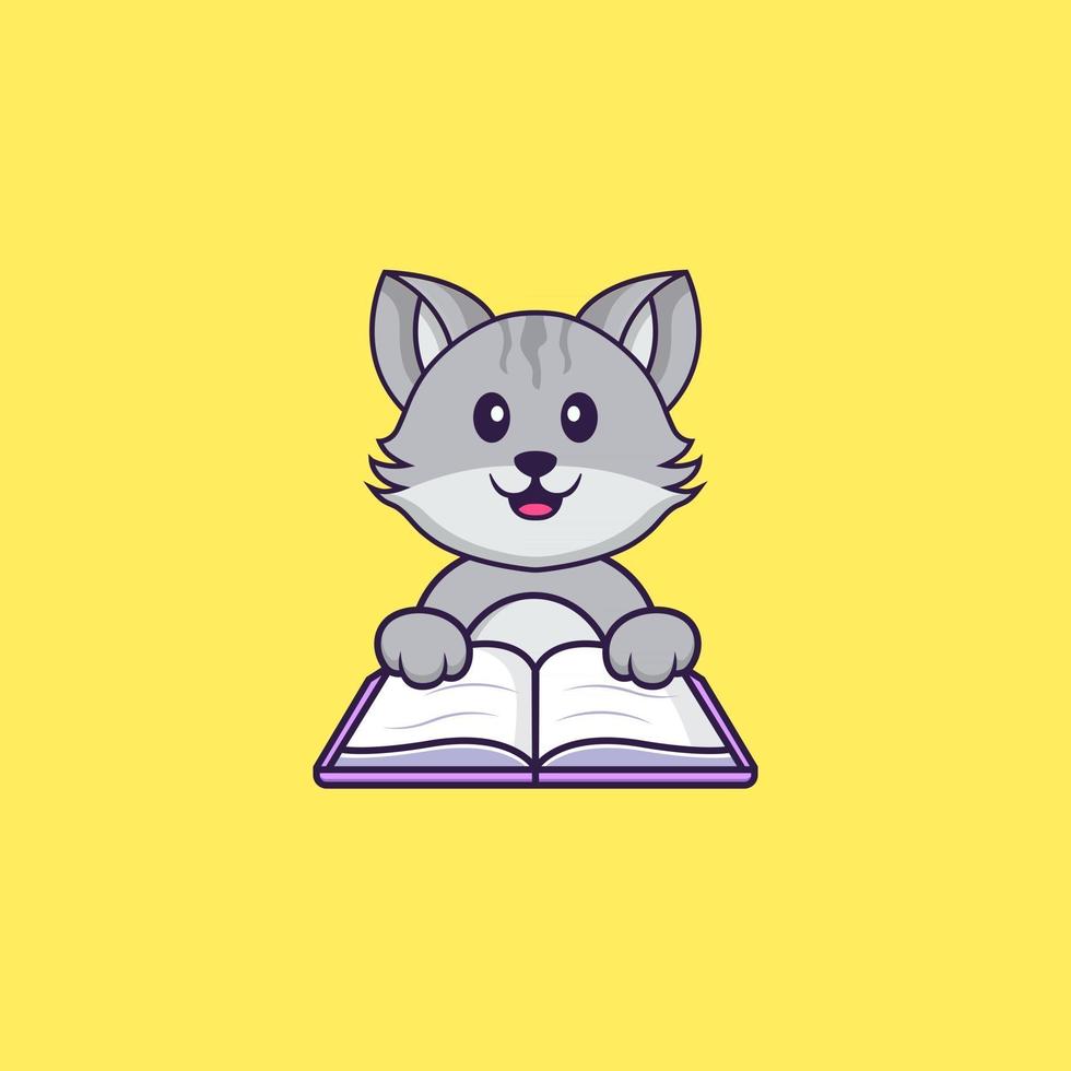 schattige kat die een boek leest. dierlijk beeldverhaalconcept geïsoleerd. kan worden gebruikt voor t-shirt, wenskaart, uitnodigingskaart of mascotte. platte cartoonstijl vector