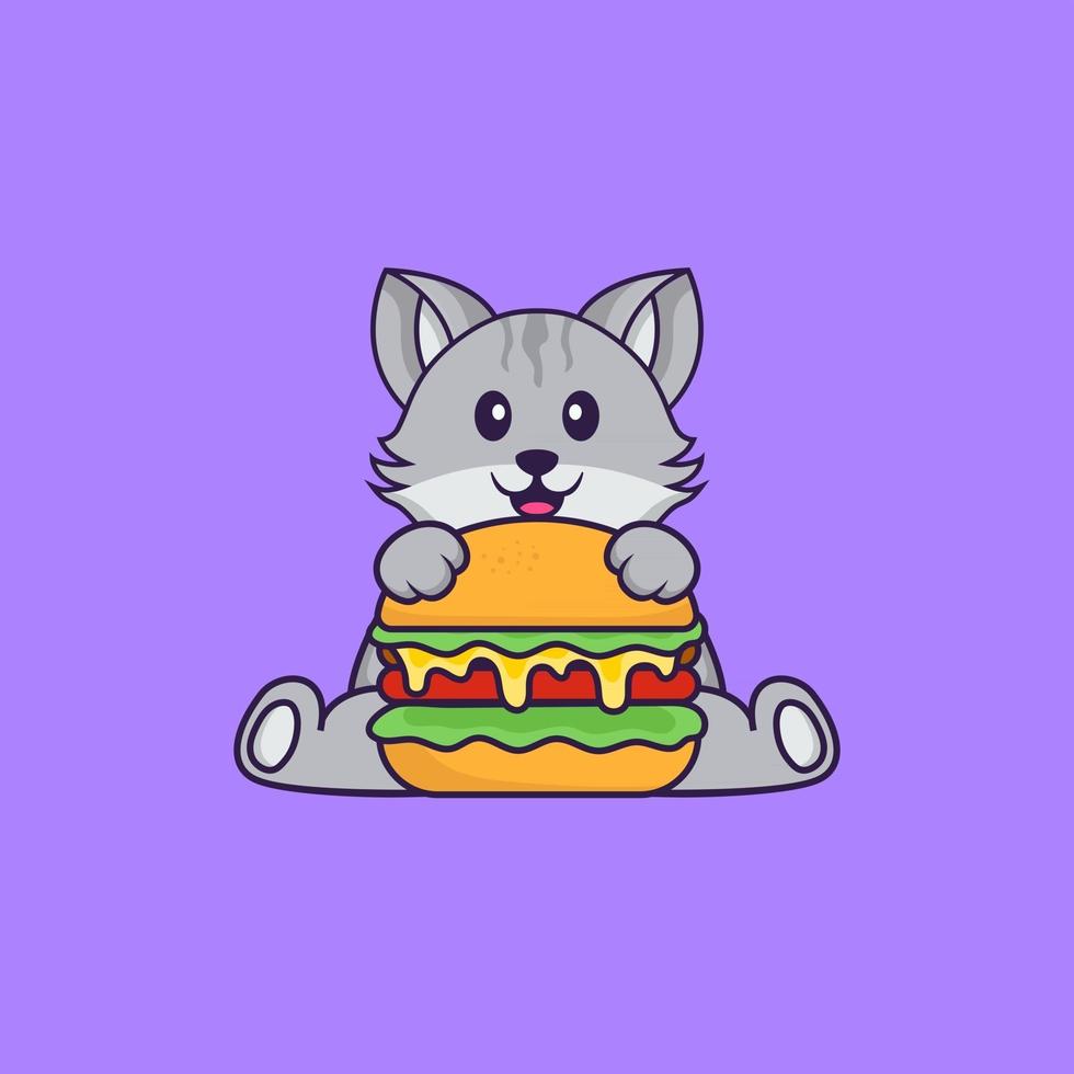 schattige kat die hamburger eet. dierlijk beeldverhaalconcept geïsoleerd. kan worden gebruikt voor t-shirt, wenskaart, uitnodigingskaart of mascotte. platte cartoonstijl vector