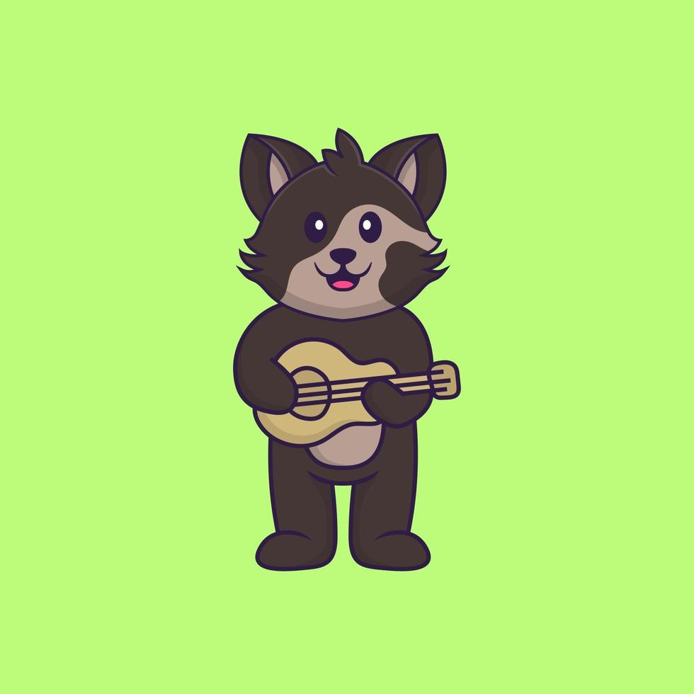 schattige kat gitaar spelen. dierlijk beeldverhaalconcept geïsoleerd. kan worden gebruikt voor t-shirt, wenskaart, uitnodigingskaart of mascotte. platte cartoonstijl vector