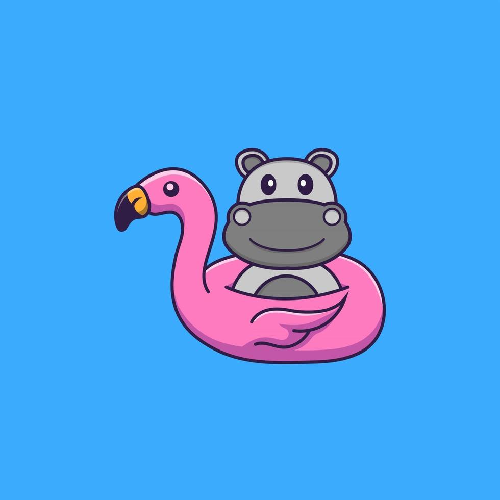 schattig nijlpaard met flamingo boei. dierlijk beeldverhaalconcept geïsoleerd. kan worden gebruikt voor t-shirt, wenskaart, uitnodigingskaart of mascotte. platte cartoonstijl vector