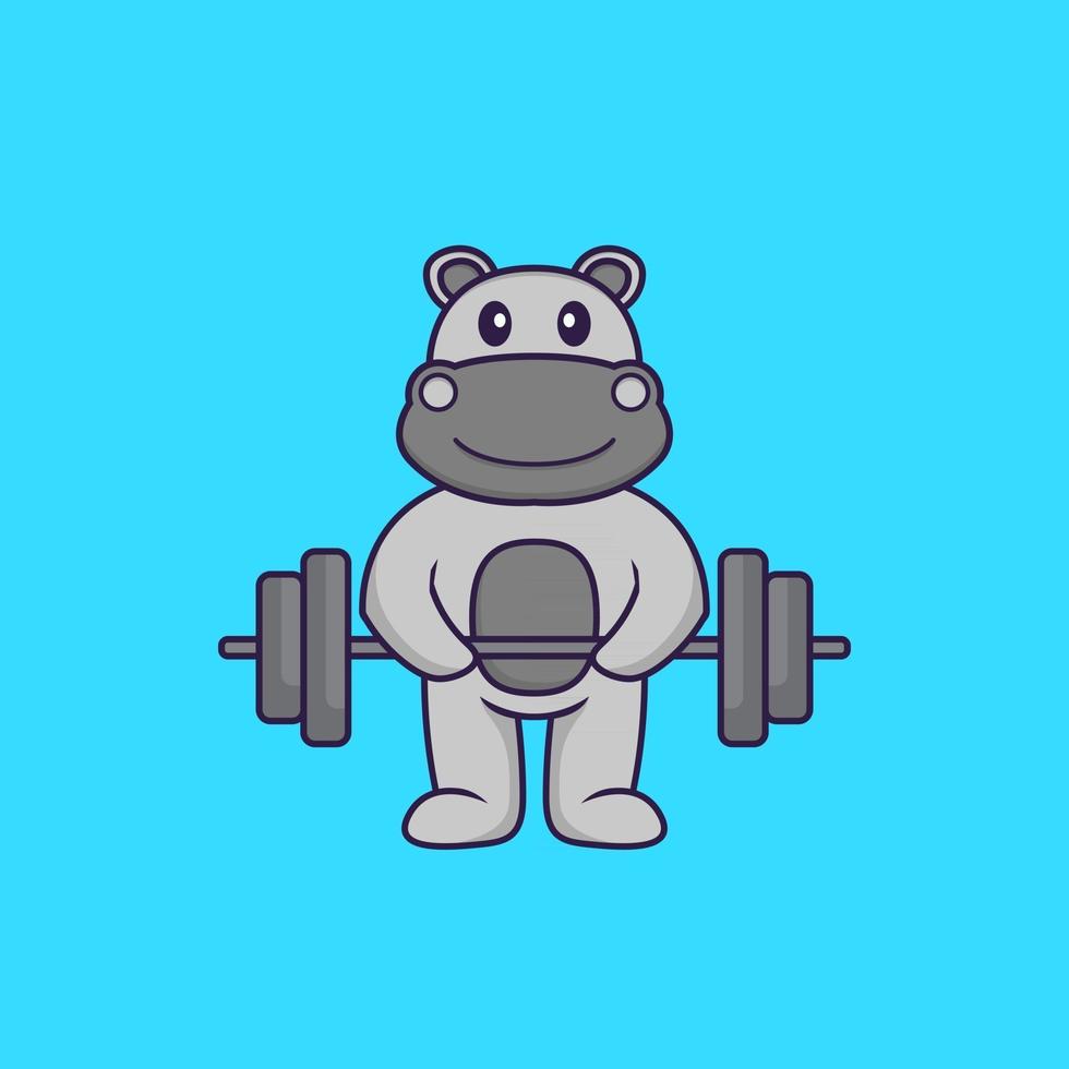 schattig nijlpaard tilt de halter op. dierlijk beeldverhaalconcept geïsoleerd. kan worden gebruikt voor t-shirt, wenskaart, uitnodigingskaart of mascotte. platte cartoonstijl vector