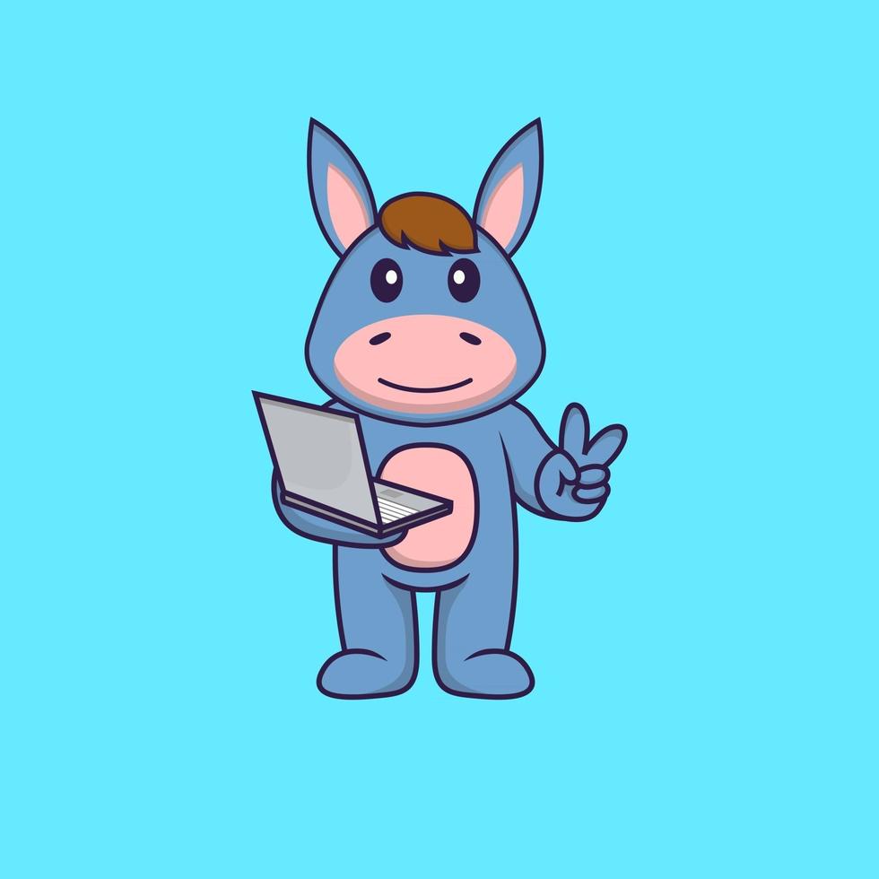 schattige lama met laptop. dierlijk beeldverhaalconcept geïsoleerd. kan worden gebruikt voor t-shirt, wenskaart, uitnodigingskaart of mascotte. platte cartoonstijl vector